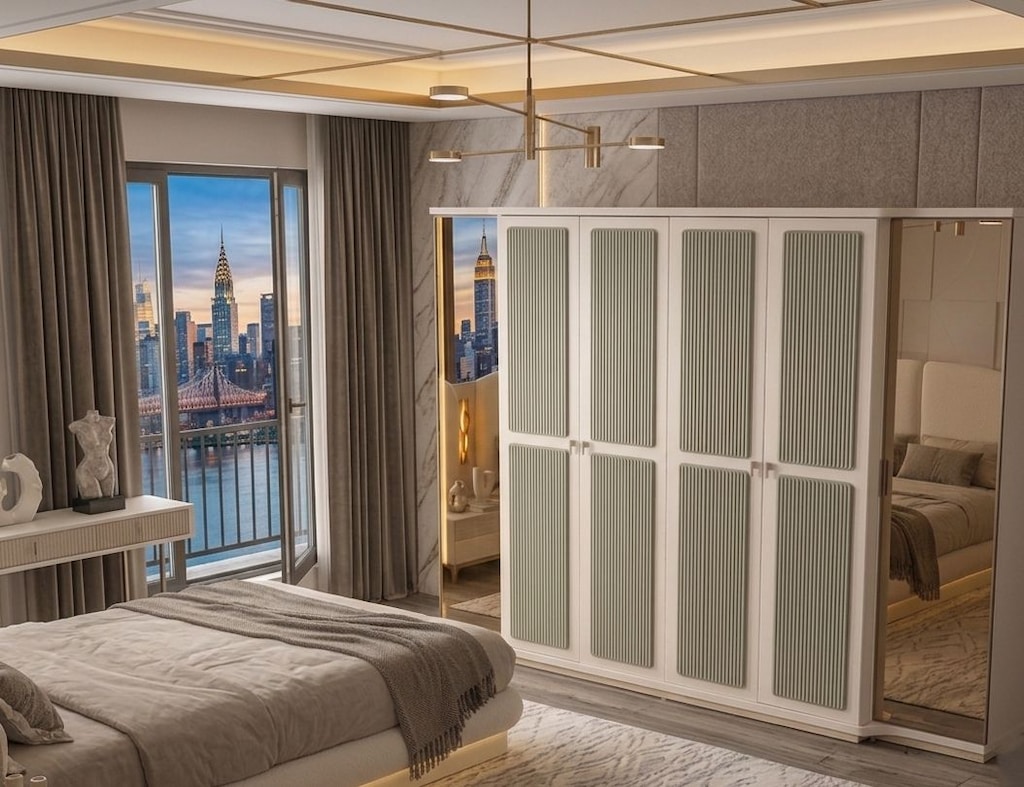 Sıfır, %100 MDF , 6 Kapılı Gardırop - Aytaşı , Traverten, TURKUAZ - 4