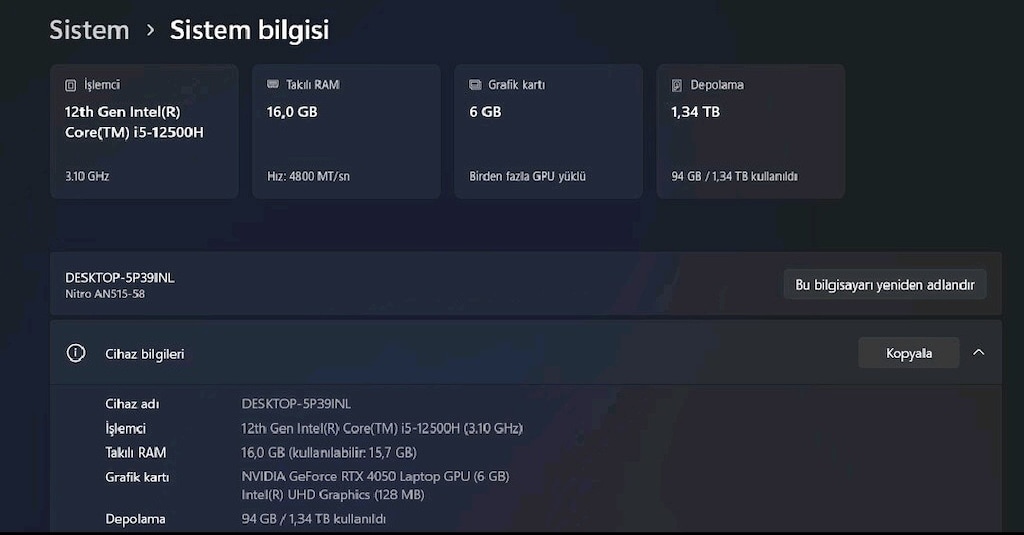 Acer Nitro 5 i5 12500H RTX 4050 6GB 140W 16GB RAM 1.5TB SSD TAKAS OLUR - 4