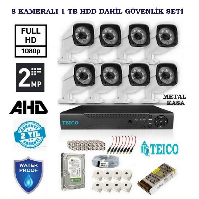 2 MP 8 Metal Kameralı 1 TBB HDD Dahil AHD Gü. Kamerası Seti Teico-6822
