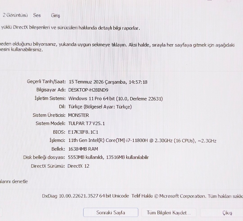 MONSTER T7 / RTX3060 / 300 HZ / 130W / 16 RAM / 1 TB SSD / İ7 İŞLEMCİ - 8