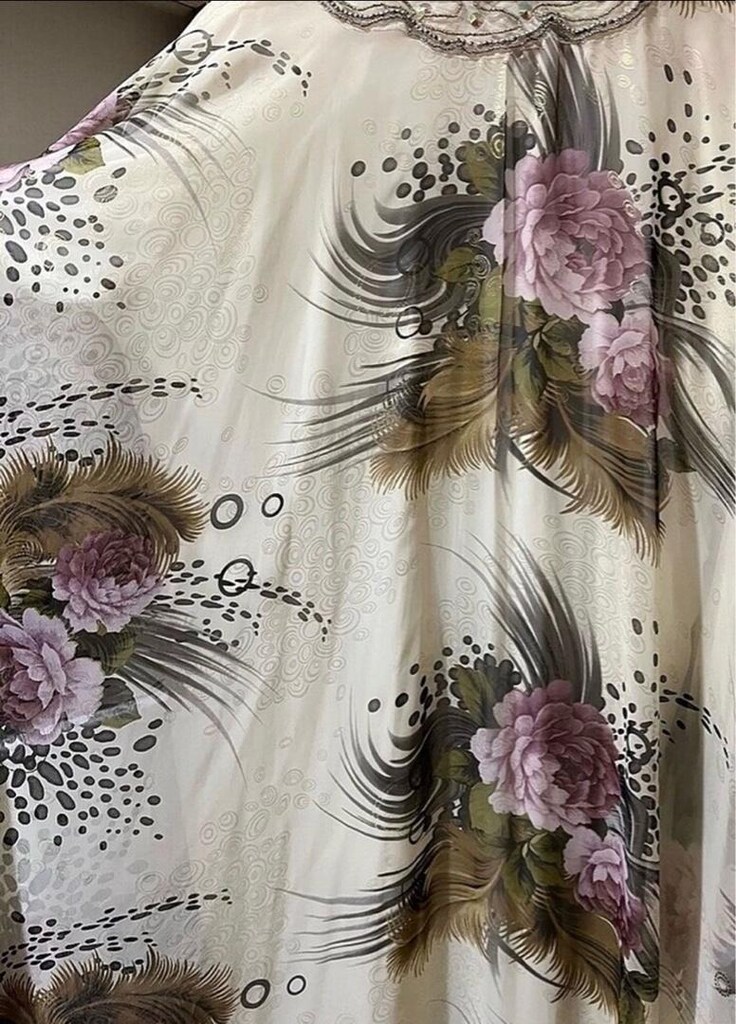 Ekru Taşlı Çiçekli Şifon Yarasa Kol Kaftan Abiye - 6