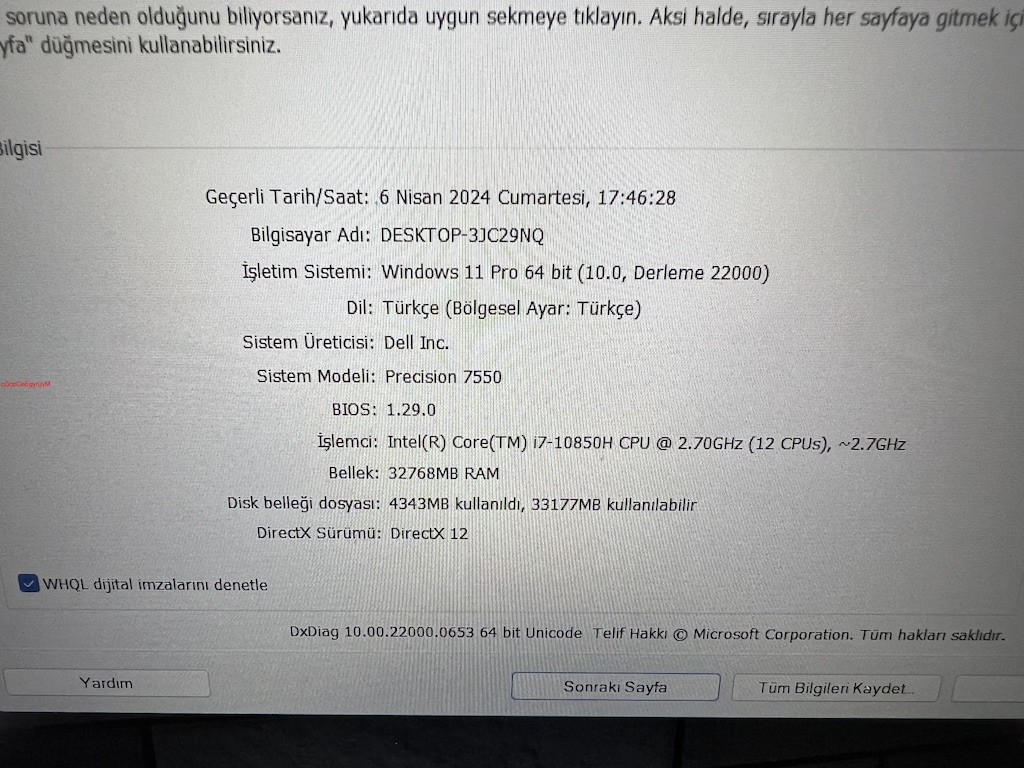 DELL PRECISION İ7 10. NESİL 32 GB RAM 512 M2SSD RTX 3000 - 7