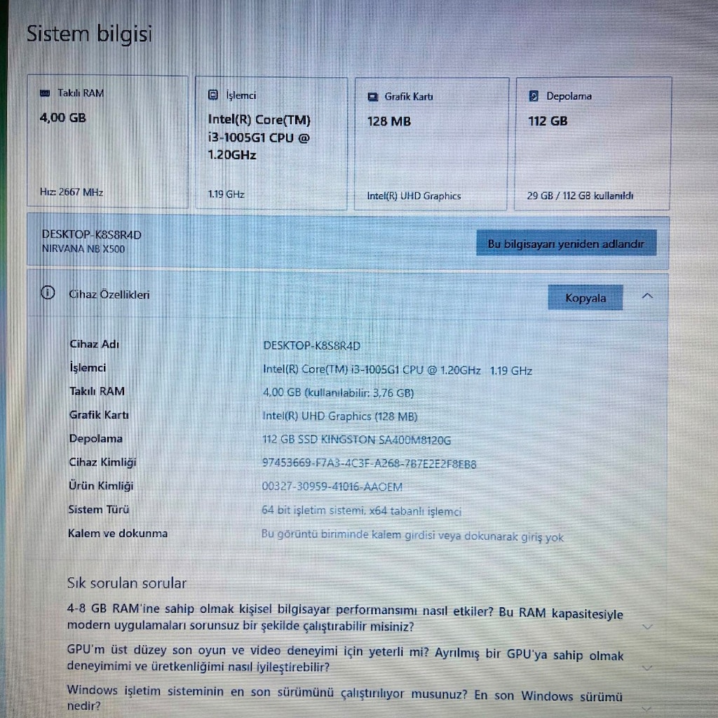 Casper Nirvana X500 i3 1005G1u 10.nesil Intel (R) UHD Graphics - 5