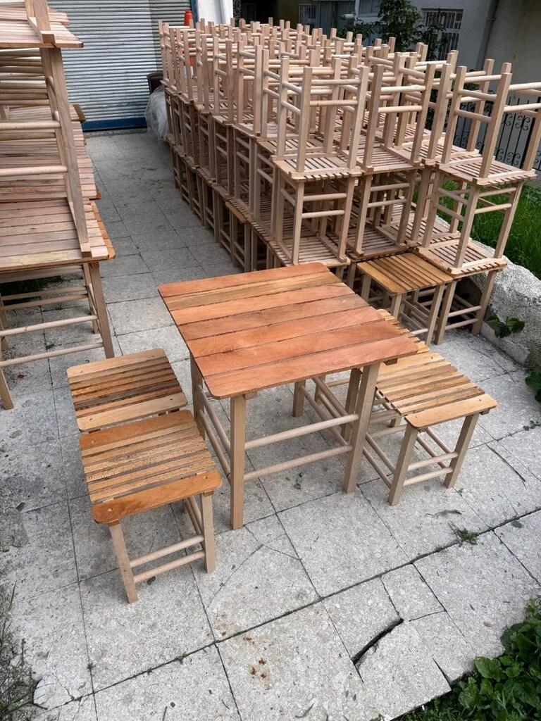 Ahşap gürgen Ağacından katlanır masa ve tabure takım vernikli - 10