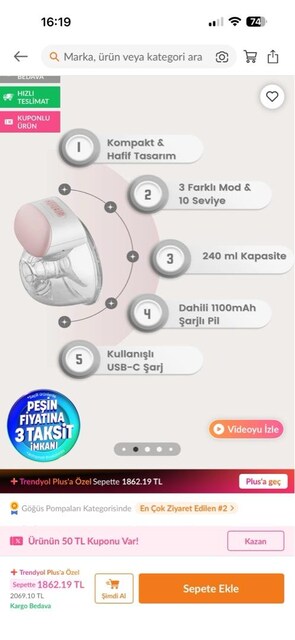Bebebao P1 240 Ml giyilebilir elektrikli süt sağma göhüs pompası