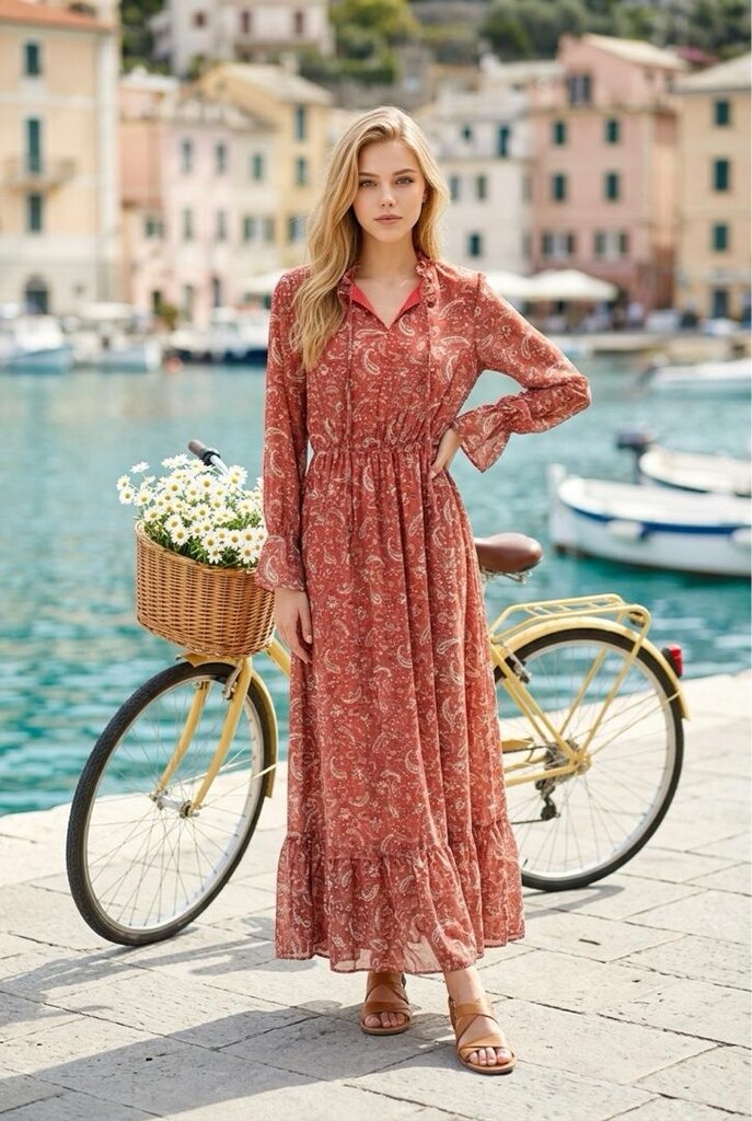 Bohem Bordo Paisley Desenli Uzun Kollu Elbise canlı renkler - 2