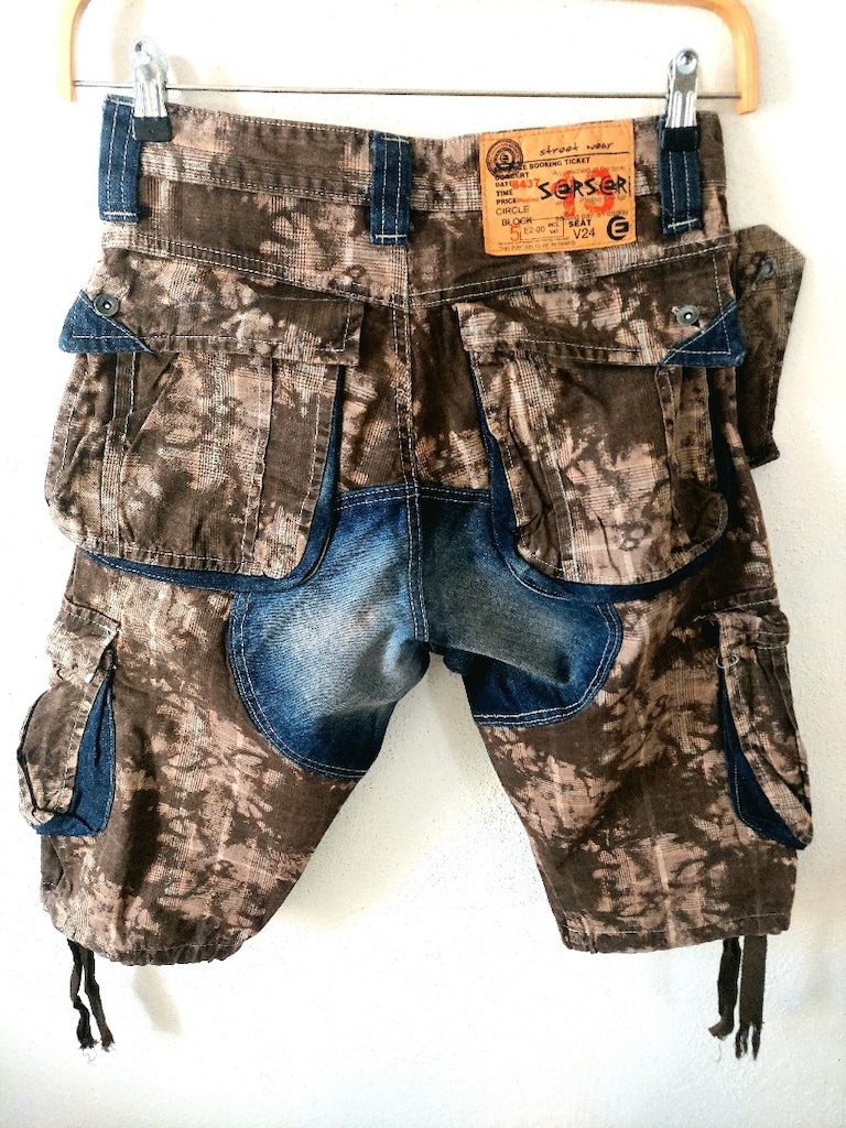 Denim yamalı kamuflaj batik desenli kargo Şort - 6