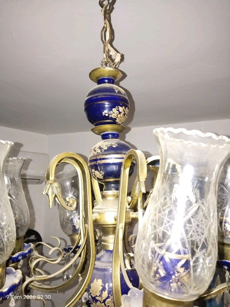 Antika Tarzı Pirinç Porselen 5 Kollu Kristal Avize - 3