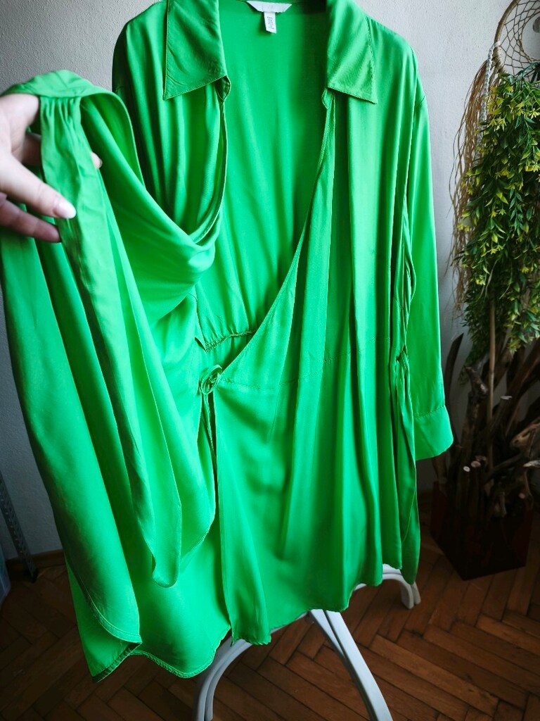 H&M Neon Yeşil Saten Kruvaze Mini Elbise – XL - 15