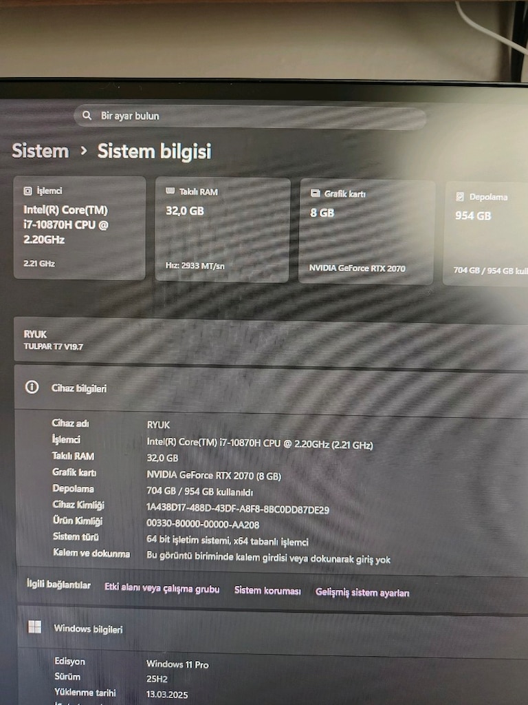 MONSTER TULPAR T7 V21 İ7.10750H. RTX 2070 SUPER 8GB 32 GB RAM 1 TB SSD - 4