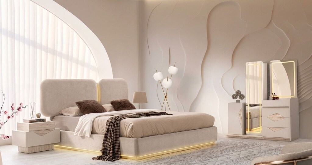Sıfır,%100 MDF, LED Aydınlatmalı 6 Kapılı Gardırop- kum beji,Traverten - 14