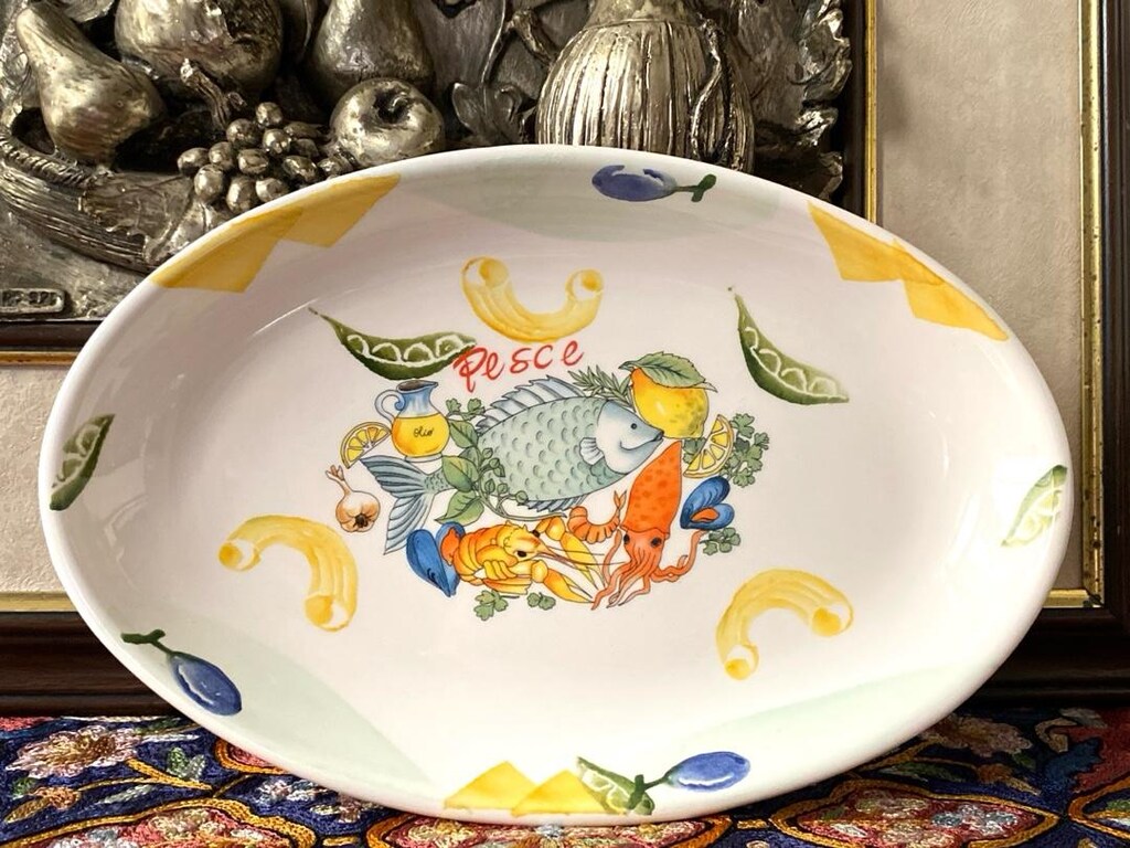 Antika İTALYAN Balıklı El Boyama Büyük Kayık Tabak - Salata & Servis - 10