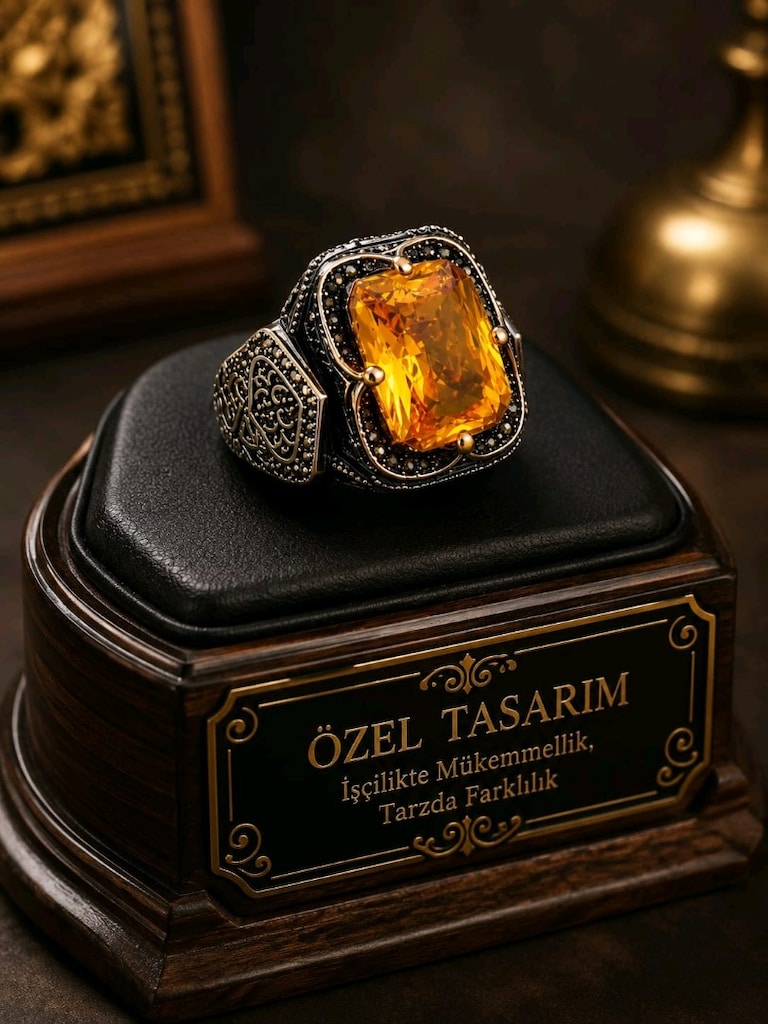 925 Ayar Sitrin Taşlı Gümüş Yüzük - 7