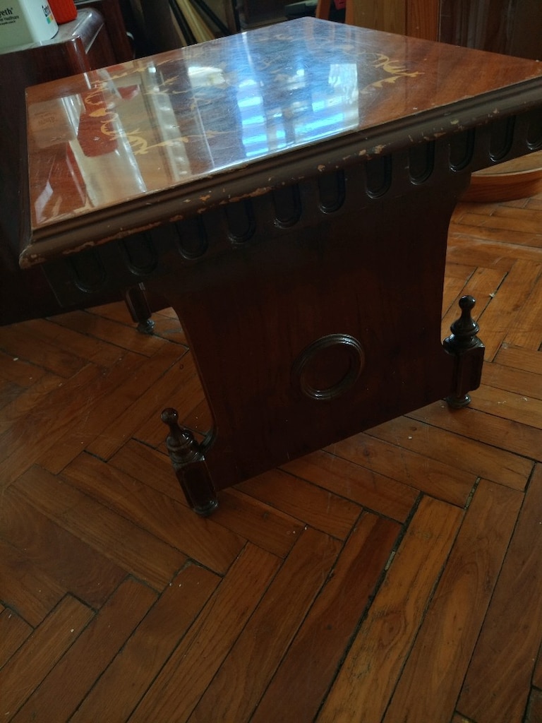 Vintage Kakmalı Ahşap Kare Yan Sehpa / Marküteri Çiçek Motifli Fiskos - 6