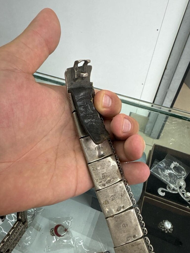 antika yüz yıllık derili hattat işlemeli gümüş kemer - 4