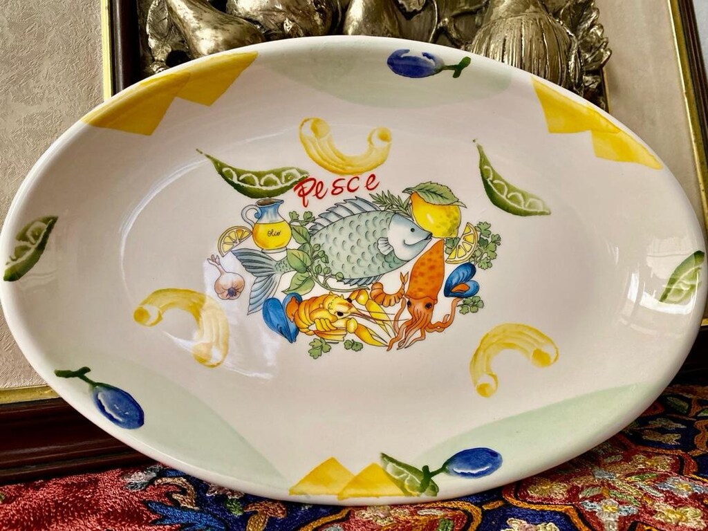 Antika İTALYAN Balıklı El Boyama Büyük Kayık Tabak - Salata & Servis - 5