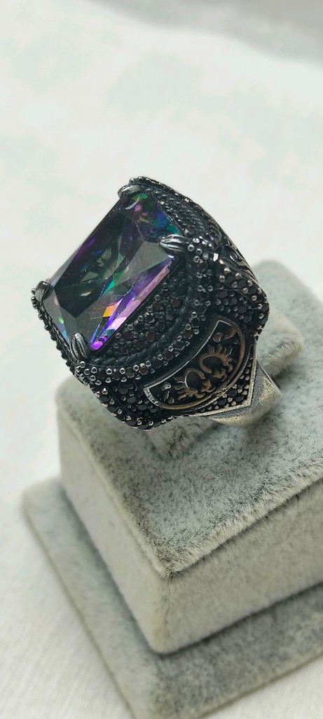 925 Ayar Gümüş Mistik Topaz ve Siyah Zirkon Taşlı Erkek Yüzük 19,7 Gr - 2