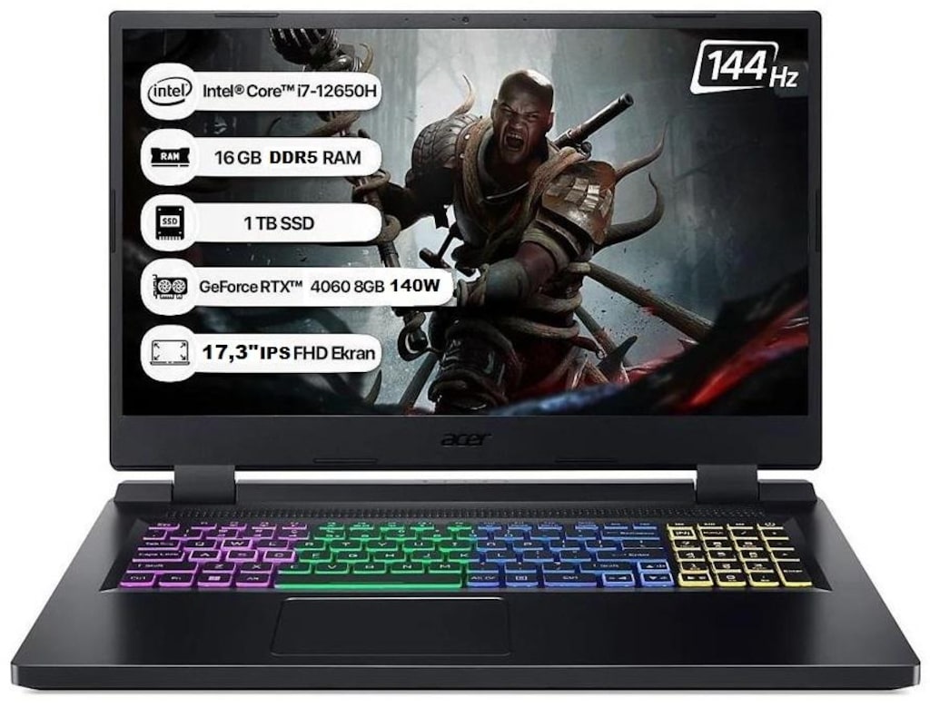 SIFIR-ACER NITRO 5-17,3 IPS 144Hz, i7 12650H, 16GB, 1TB, RTX 4060 140W