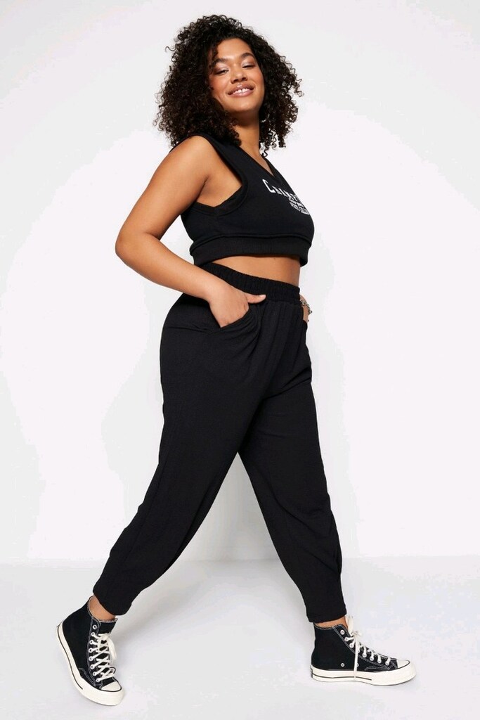 Kadın Büyük Beden Havuç Fit Beli Lastikli Örme Pantolon – T.Curve 5XL