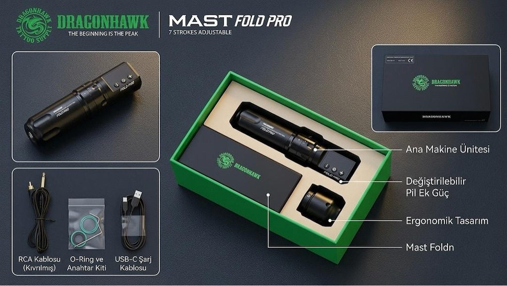Dragonhawk Mast Fold Pro Kablosuz Dövme Makinesi- 1 Yıl Garanti