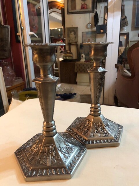 Vintage Gümüş Kaplama Antik Mısır Figürü Kabartmalı Şamdan (2 Adet)
