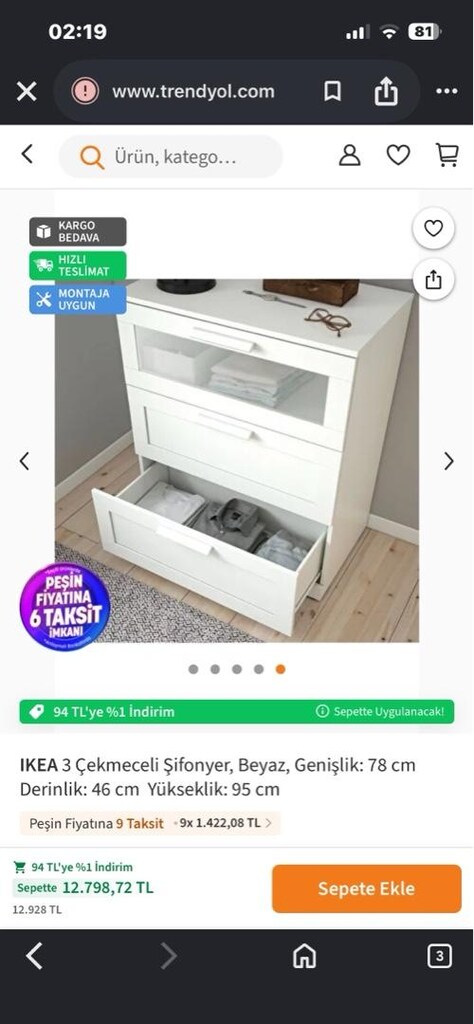 ikea 3 çekmeceli şifonyer - 3