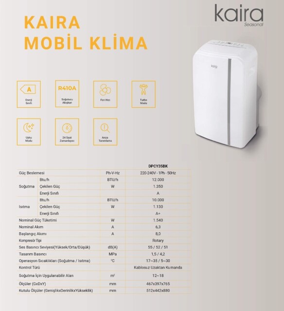Kaira DPCY35BK 12000 BTU Mobil Klima Soğutma-Isıtma-Nem Alma