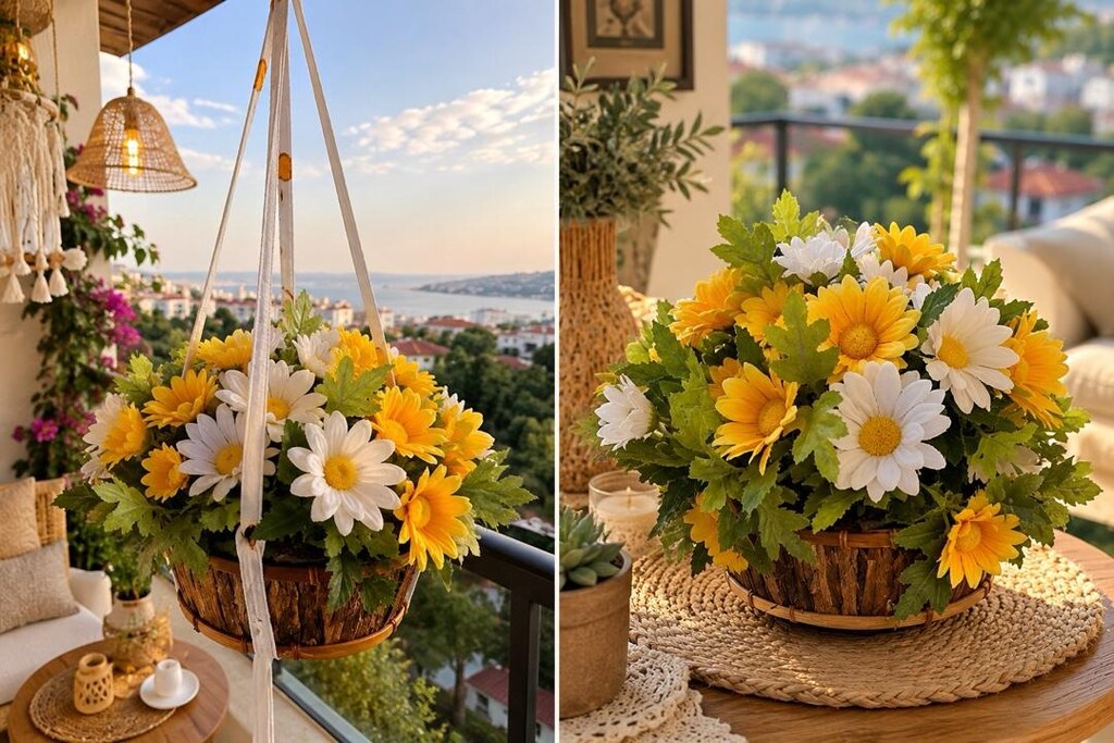 el yapımı ipli asılabilen papatya saksı buketi - 2