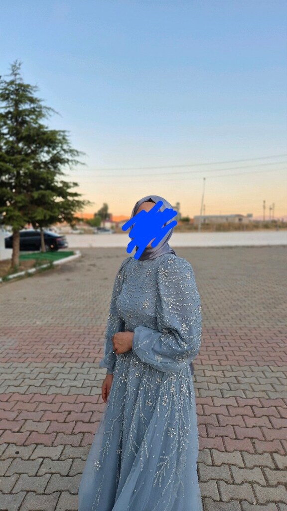 Gümüş taş işlemeli açık mavi abiye - 4