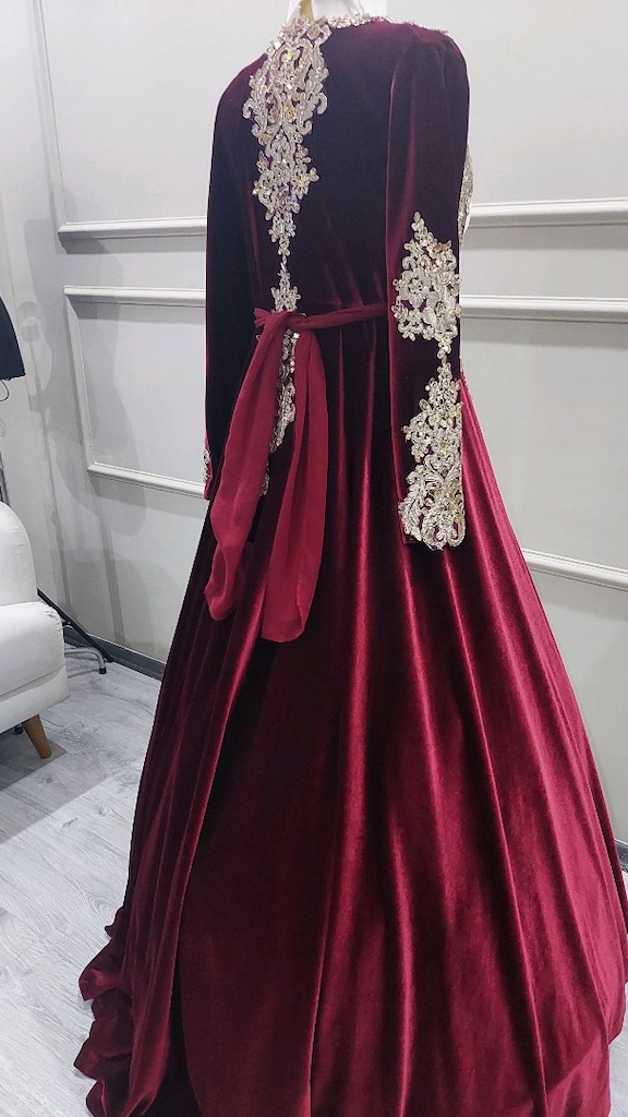 Kırmızı bordo aradı kadife kaftanlı bindallı - 3
