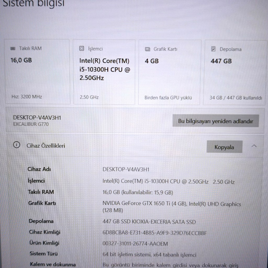 CASPER EXCALİBUR / 16 RAM / 500 SSD / 4 GB GTX 1650Tİ / GAMİNG - 11