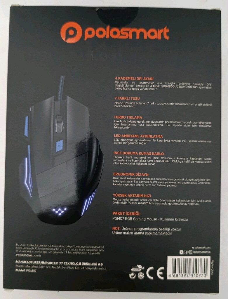 Polosmart PGM07 RGB Led Aydınlatmalı 3600 DPI Kablolu Oyuncu Gaming Mo - 3