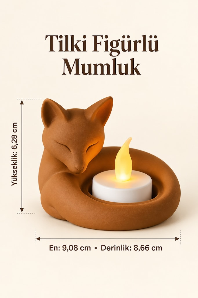Kahverengi Uyuyan Tilki Figürlü Dekoratif Mumluk - Pilli LED Tealight - 3