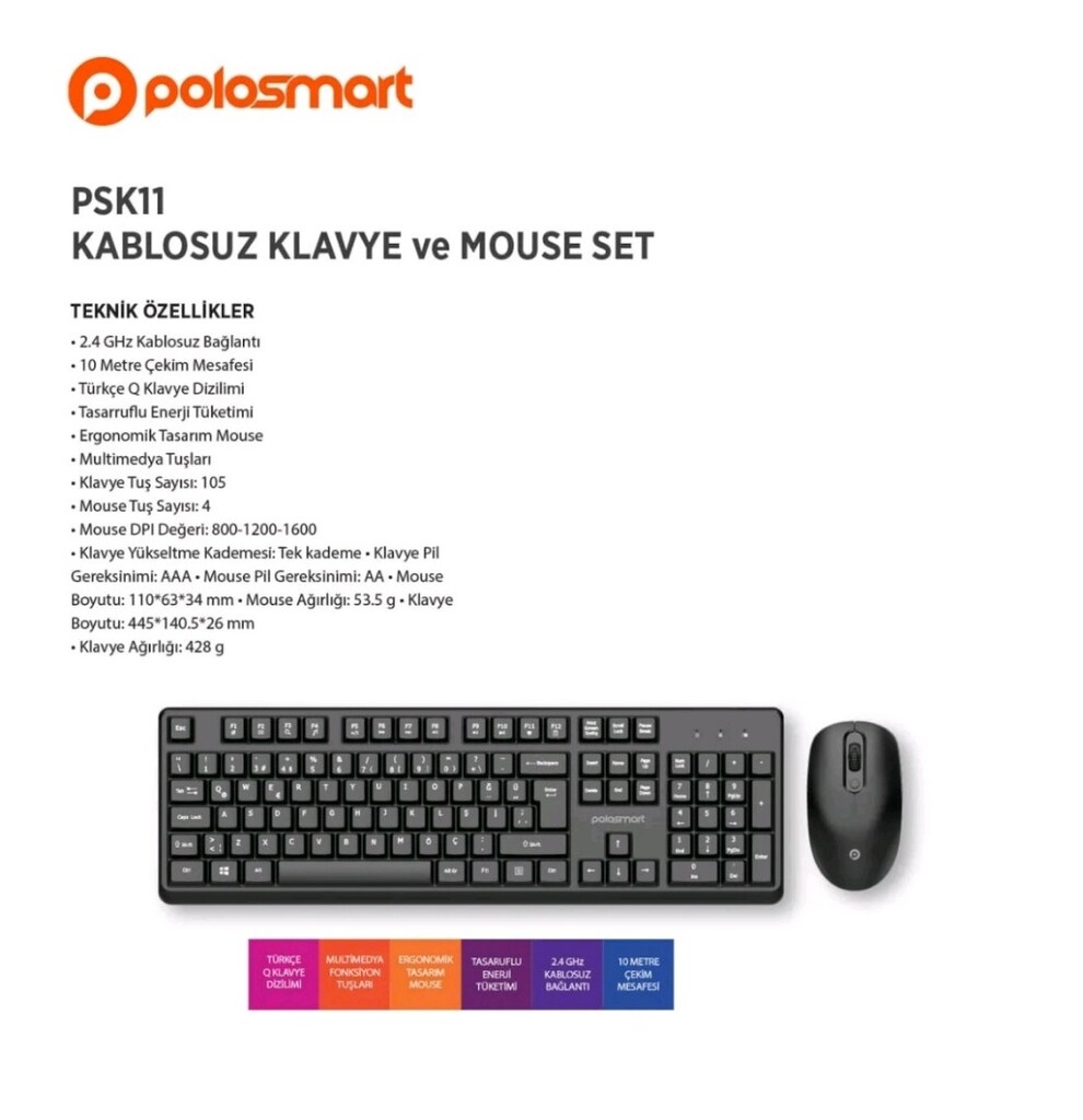Polosmart PSK11 kablosuz klavye ve Mouse set. Sıfır kutusunda. - 4