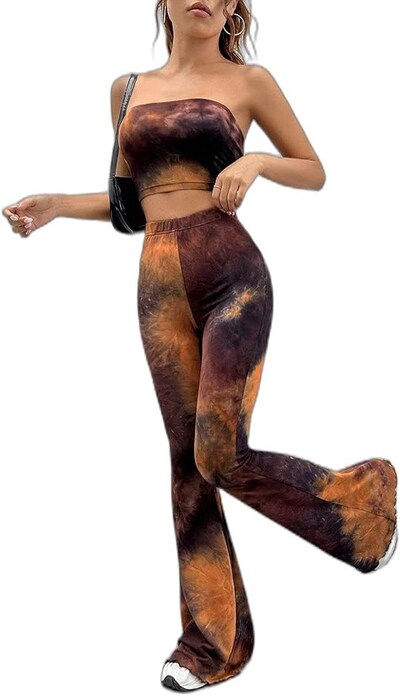 B003 2 Parça Kadın Giyim Seti Batik Desenli Crop Bluz Geniş Paçalı Pan