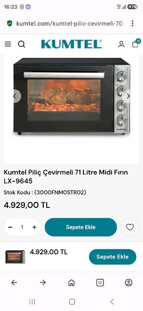 Kumtel 70 Lt. Piliç Çevirmeli Fırın