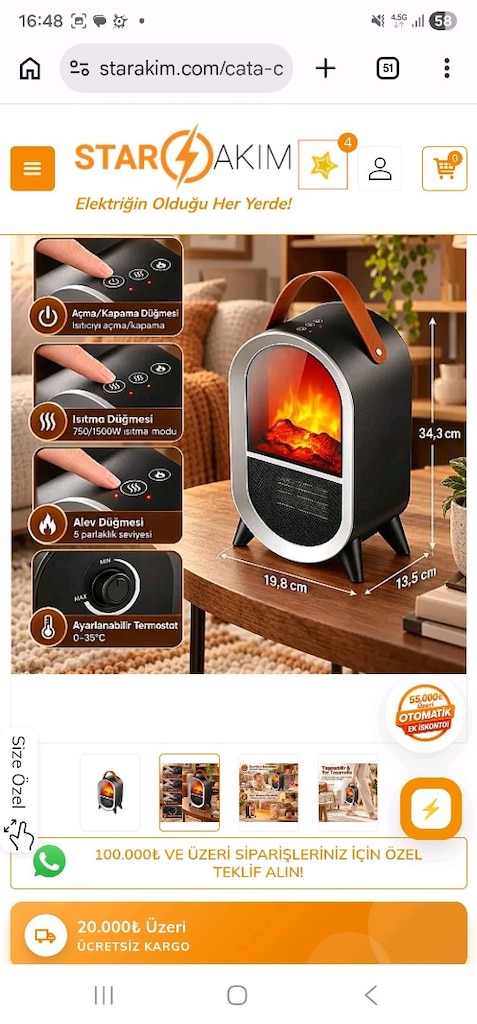 Cata CT-6055 Uludağ 750-1500W Taşınabilir Elektrikli Şömine - 2