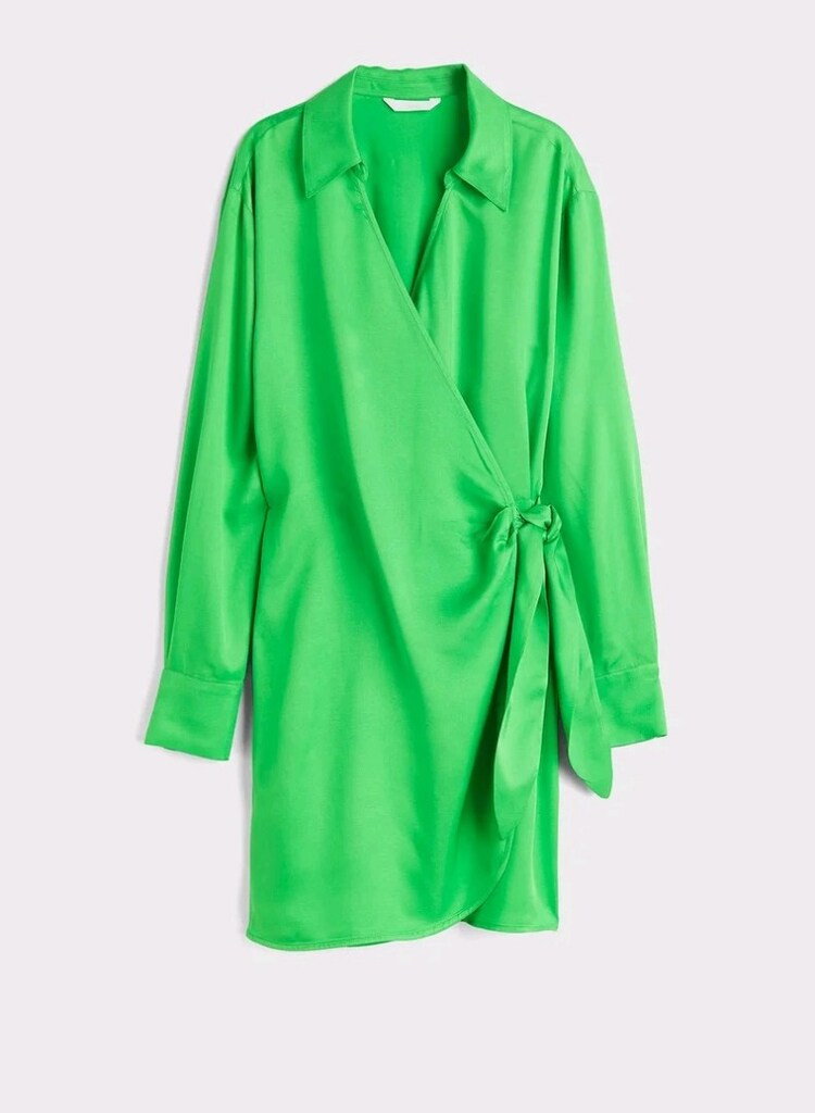 H&M Neon Yeşil Saten Kruvaze Mini Elbise – XL - 4