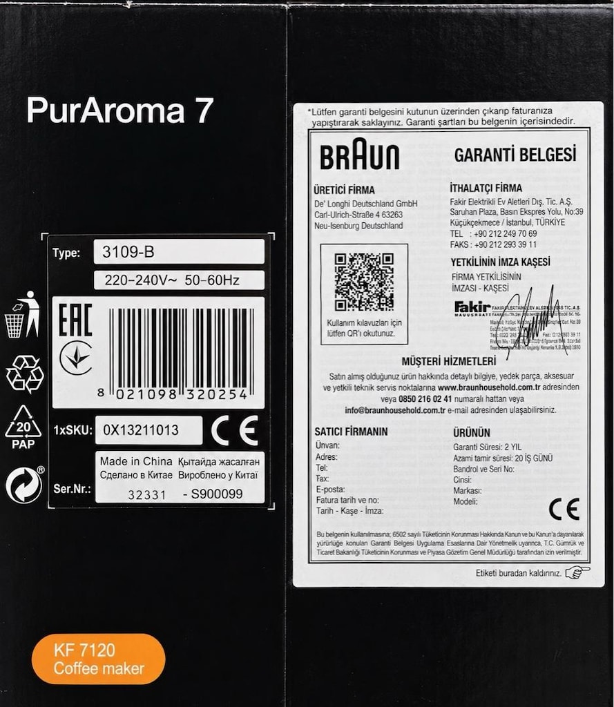 Sıfır Braun PurAroma 7 KF7120BK Kahve Makinesi –Kutusu Açılmamış - 3
