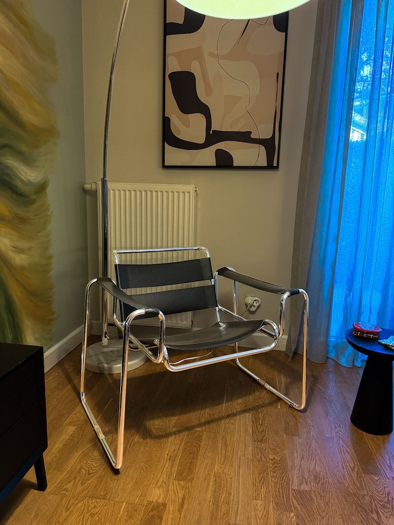 Bauhaus Wassily Chair Tarzı Vintage Krom Deri Berjer - 3