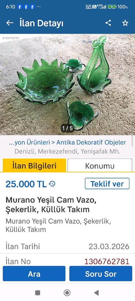 İtalyan Yeşil Murano Şekerlik+2 küllük +sehpa - 10