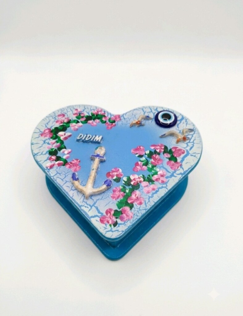 Didim Temalı El Yapımı Ahşap Kalp Takı ve Hatıra Kutusu (15x15x7 cm) - 5