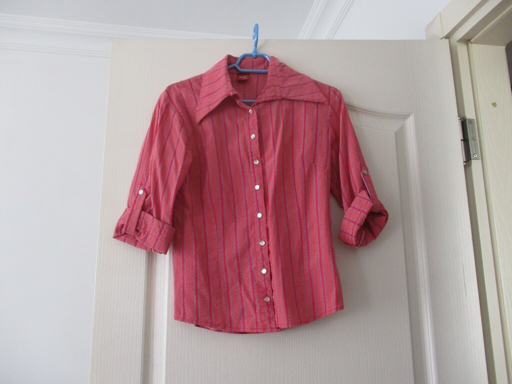 Pembe Çizgili Likralı Dar Kesim (Slim Fit) Kadın Gömlek