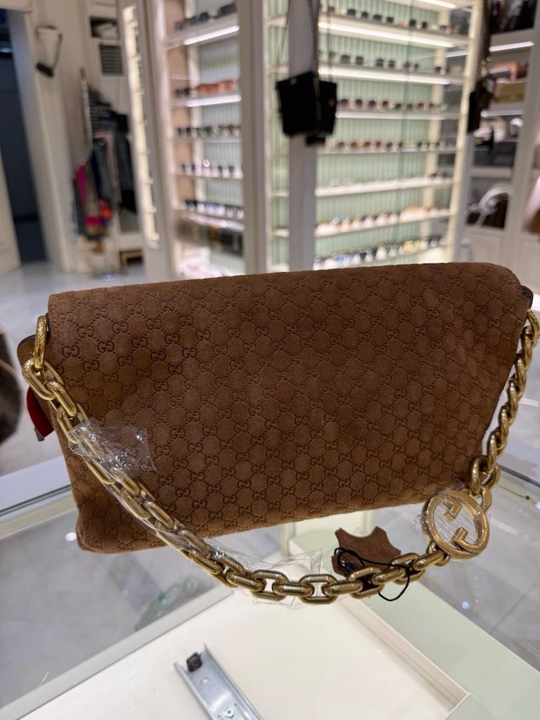 Gucci GG Monogram Süet Taba Omuz Çantası - 6