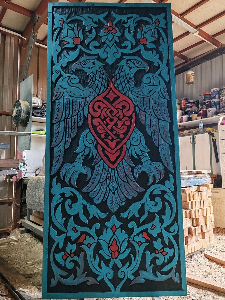 Tamamı el oyması ile işlenmiş eski kapı Selçuklu kartalı 94/210 cm. - 5