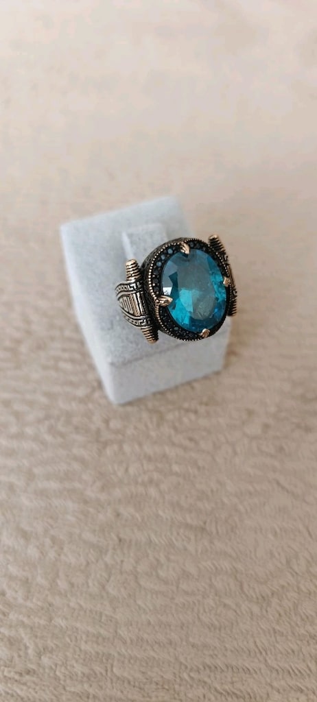 925 Ayar Aqua Marin Taşlı Gümüş Yüzük - 5
