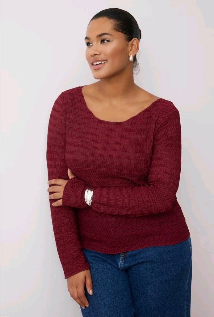 Bordo Renkli Dokulu Tül Esnek Örme Büyük Beden Bluz 4XL / 48 - 5