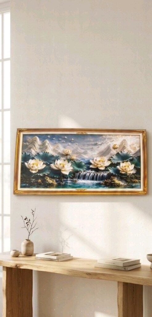 Modern Lotus ve Şelale Temalı Çerçevesiz Tablo - 20*40 cm - 2