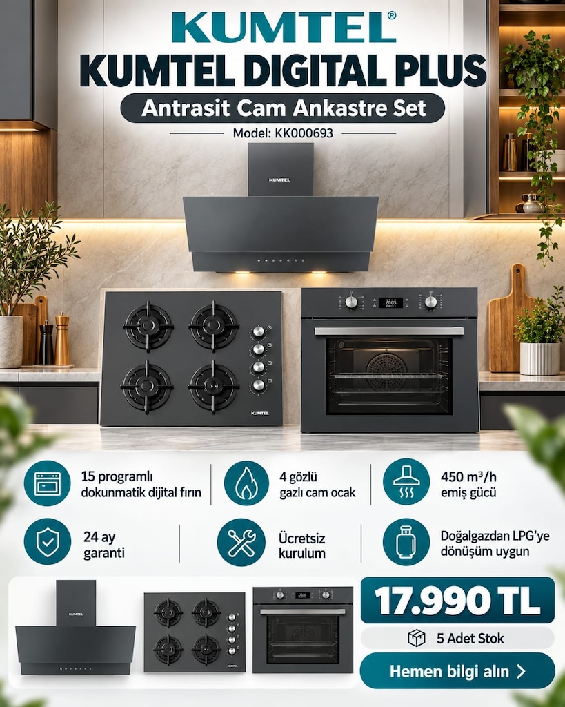 SIFIR 3’LÜ ANKASTRE SET | Fırın + Ocak + Davlumbaz | 3 Renk - 6
