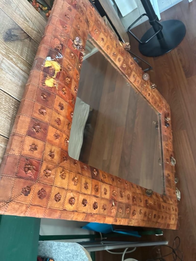 80*100cm Büyük Boy Deri Kaplama Dekoratif Ayna - Rustik / Bohem - 12